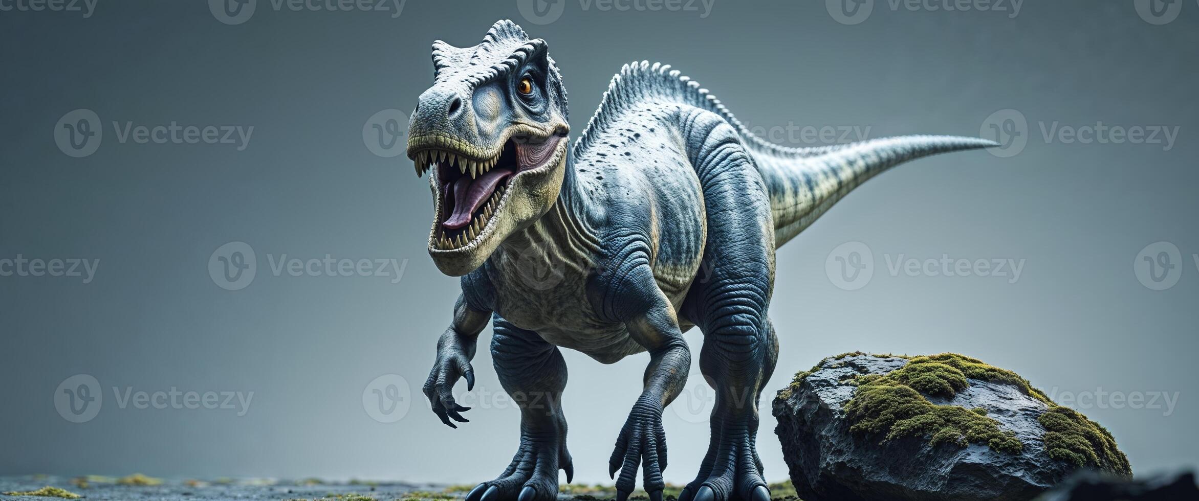 A dinosaur with an angry look stands near a rock photo
