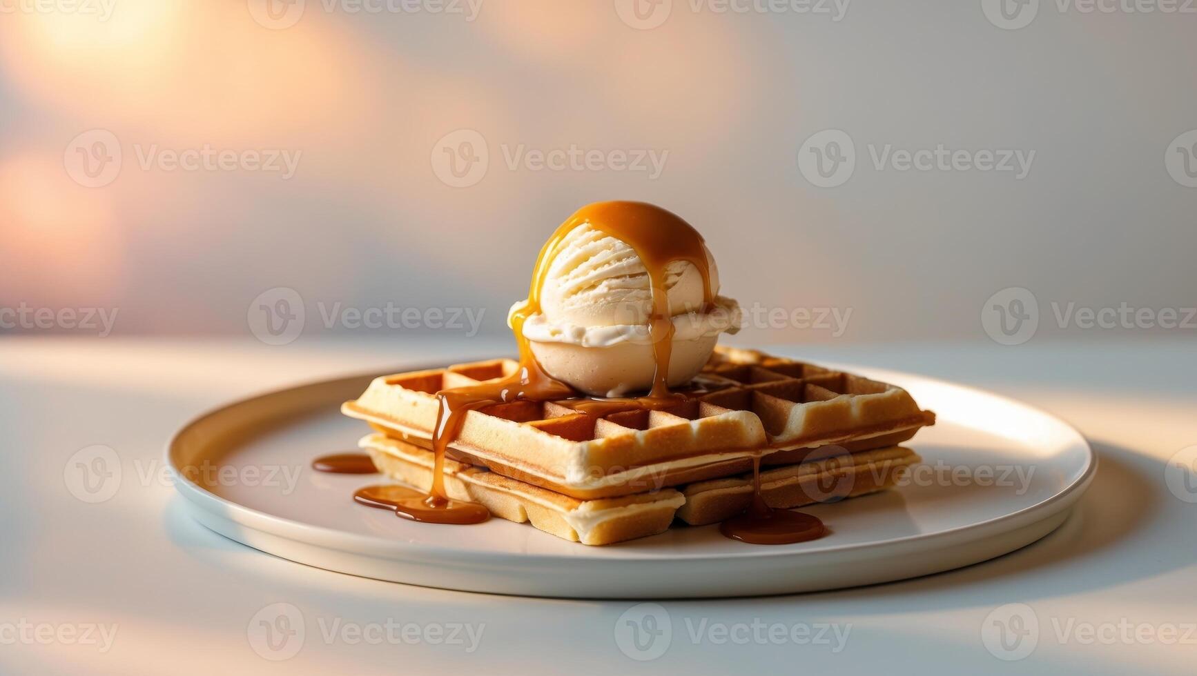 Warm Waffle with Ice Cream and Caramel Sauce photo