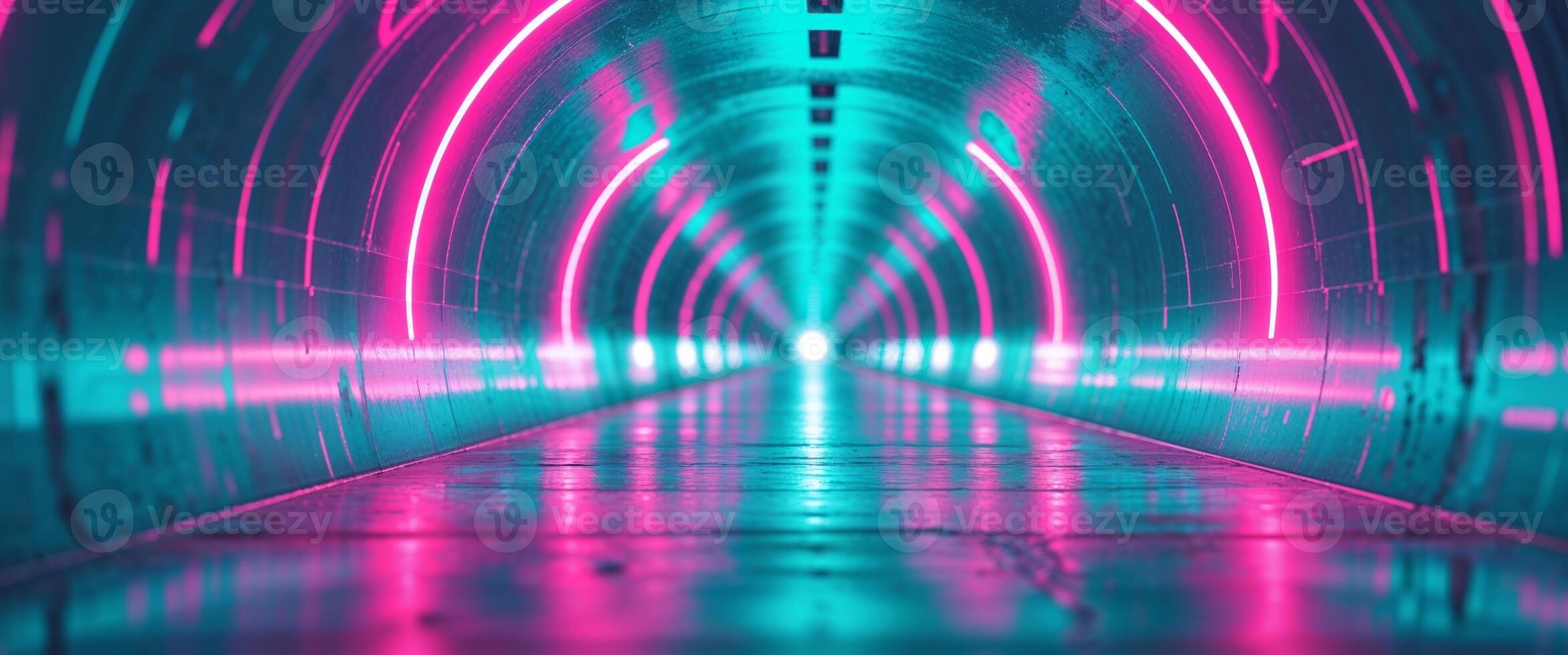 A futuristic tunnel with neon lights and a reflective floor photo