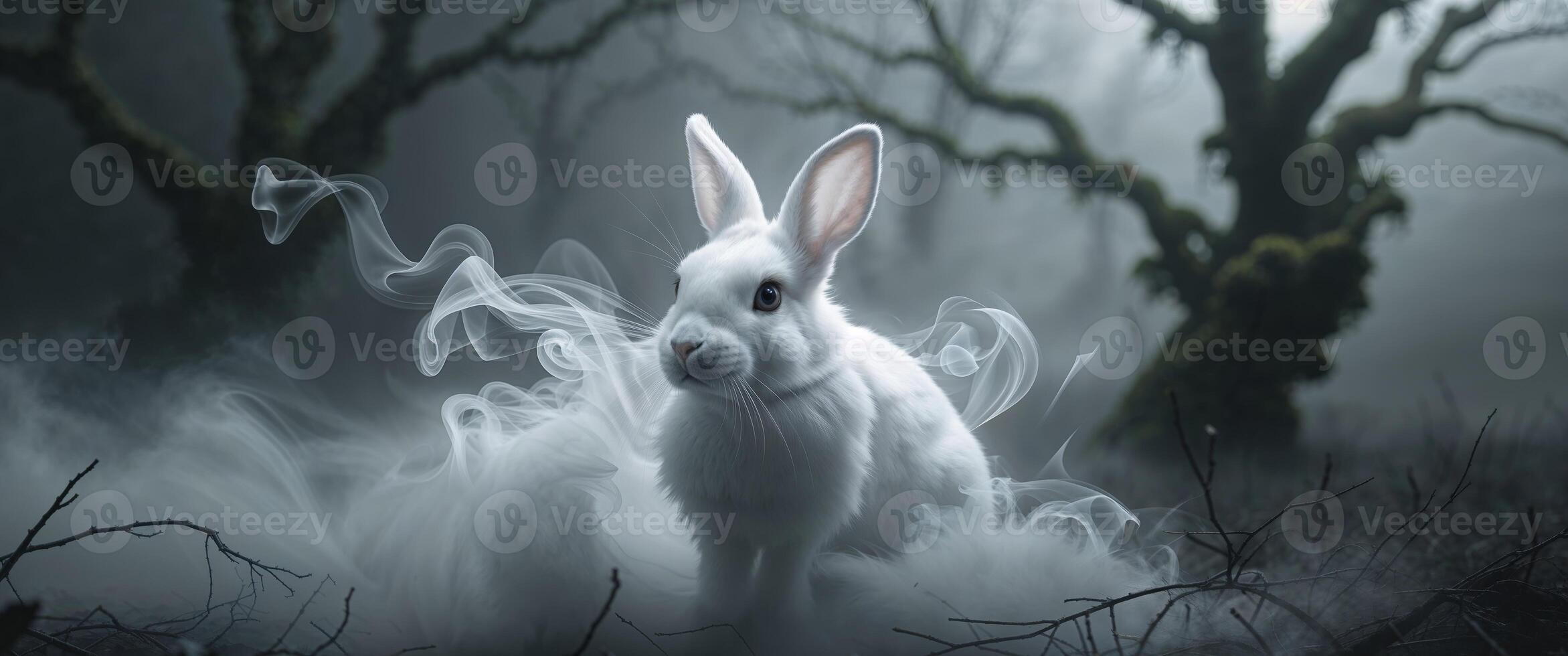 White Rabbit Emerging from Smoke in Dark Mysterious Setting. photo