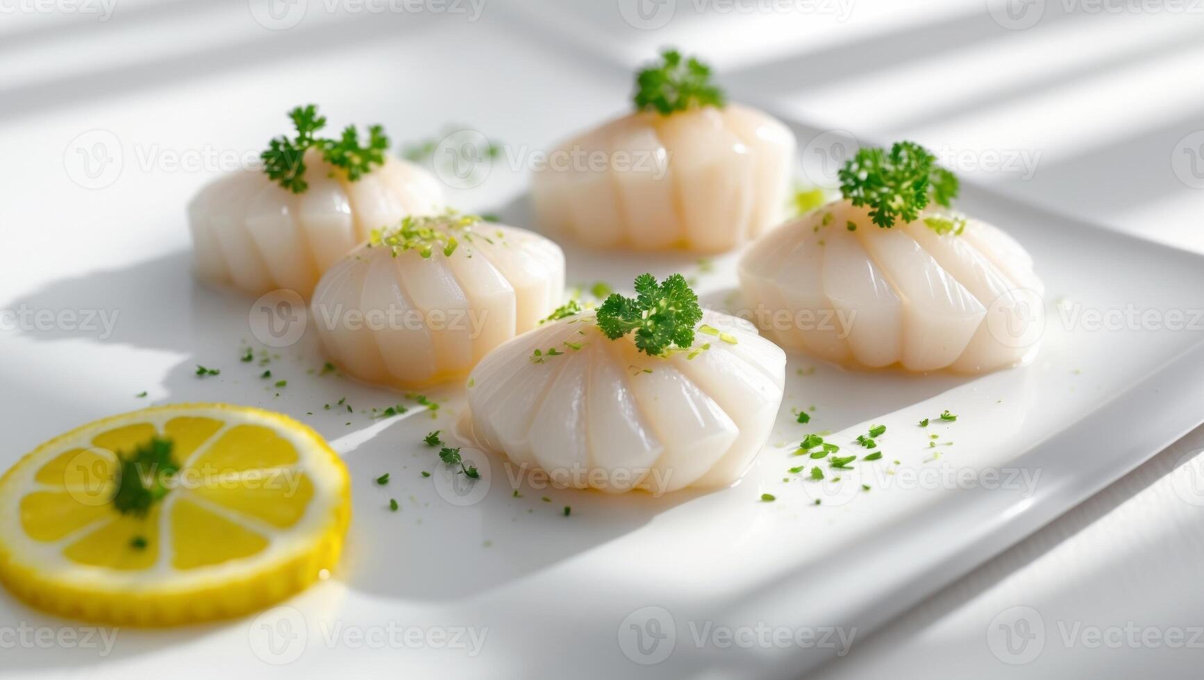 Fresh Raw Scallops with Lemon and Parsley Garnish. photo