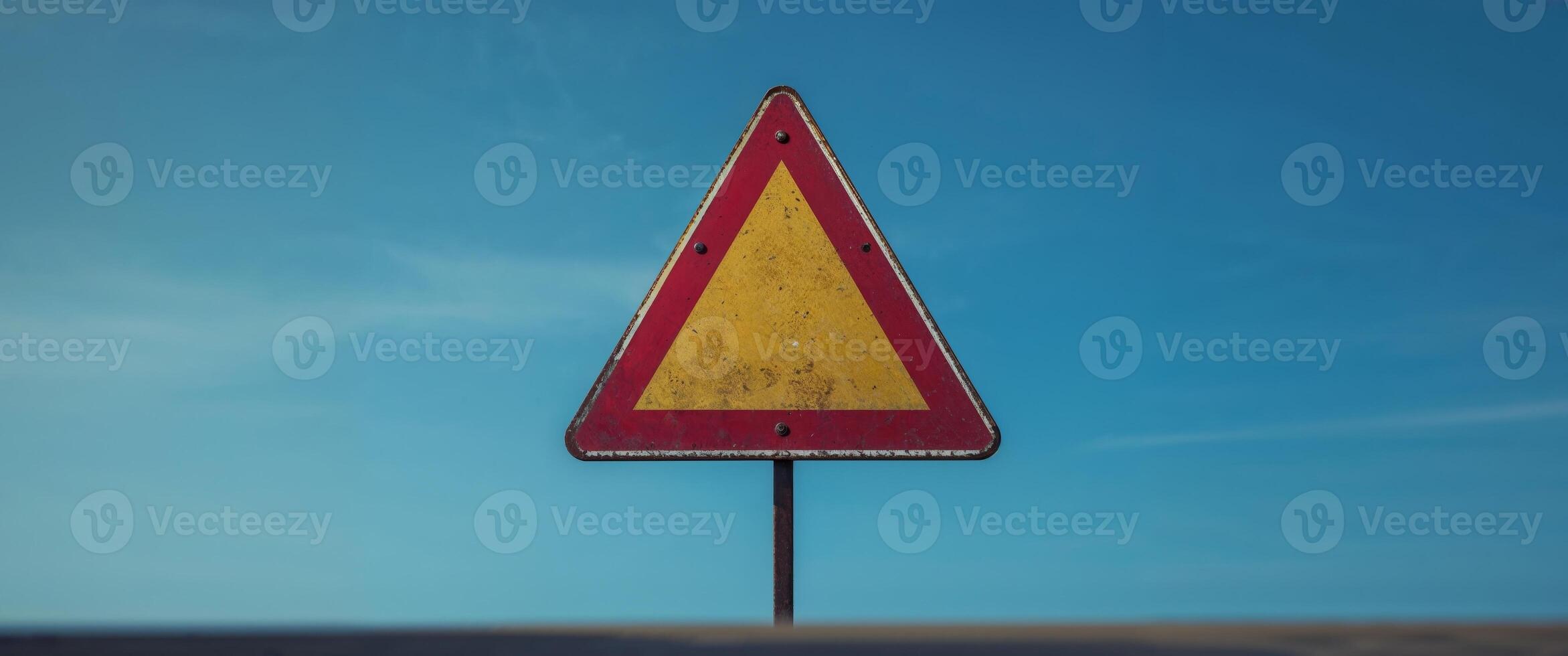 Rusty Triangle Warning Sign Under a Blue Sky. photo