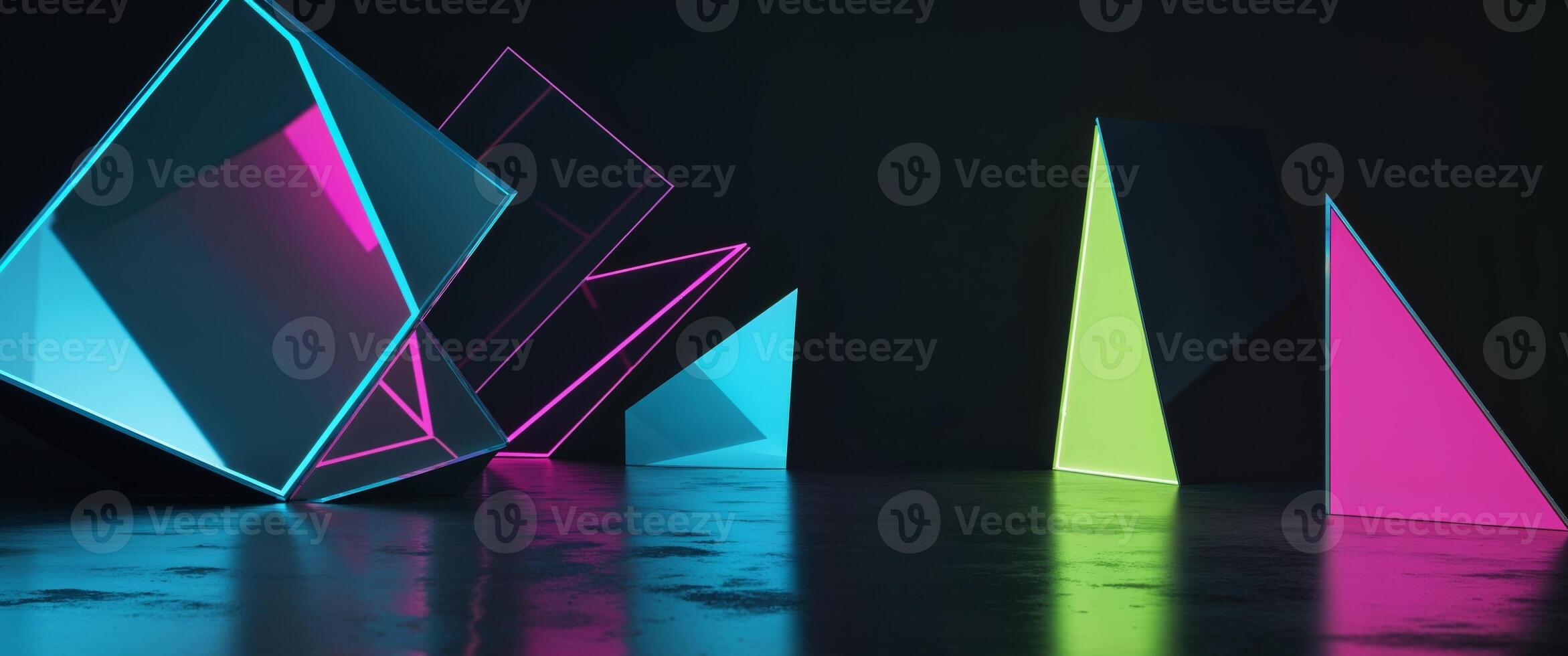 Futuristic neon geometric shapes with reflective surfaces in dark setting photo