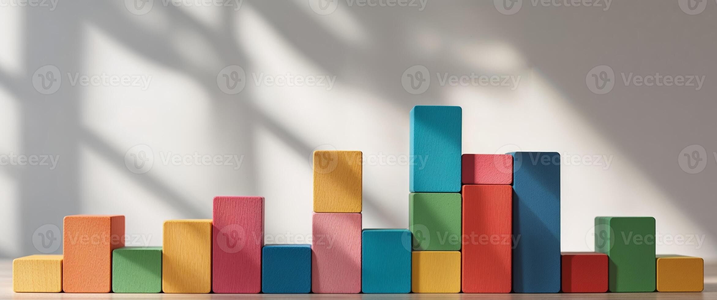 Building colorful bar graph with wooden blocks for data visualization. photo