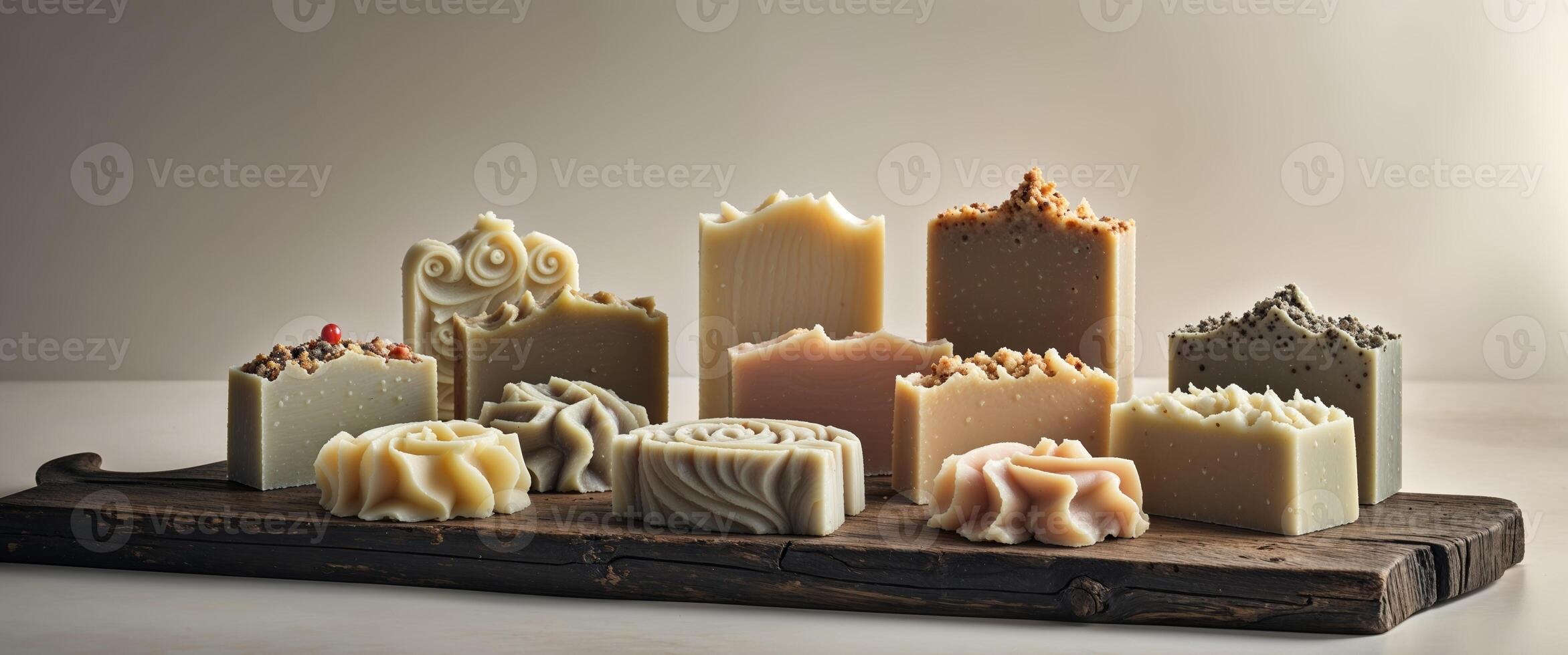 Artisan soap bars with intricate swirls and toppings displayed on a wooden board photo