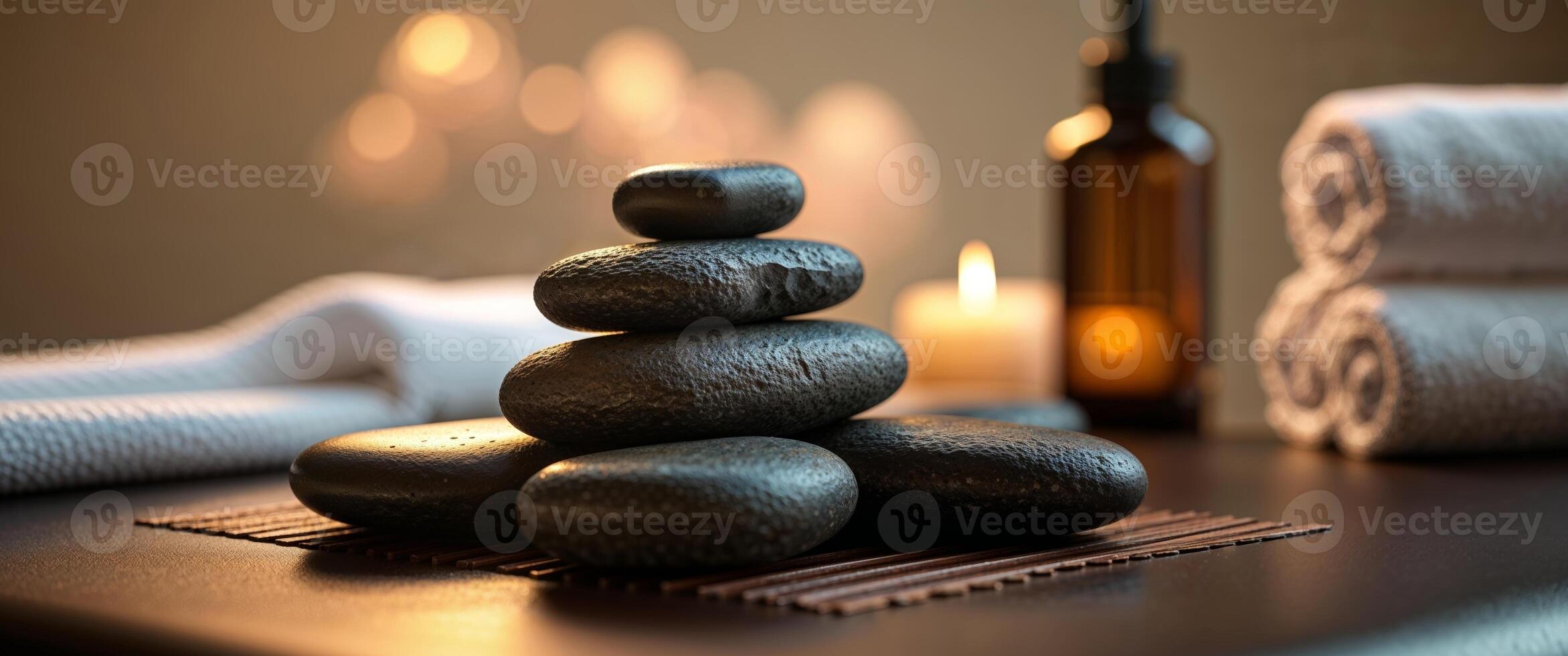 Close up of hot stones on a spa massage table setting. photo