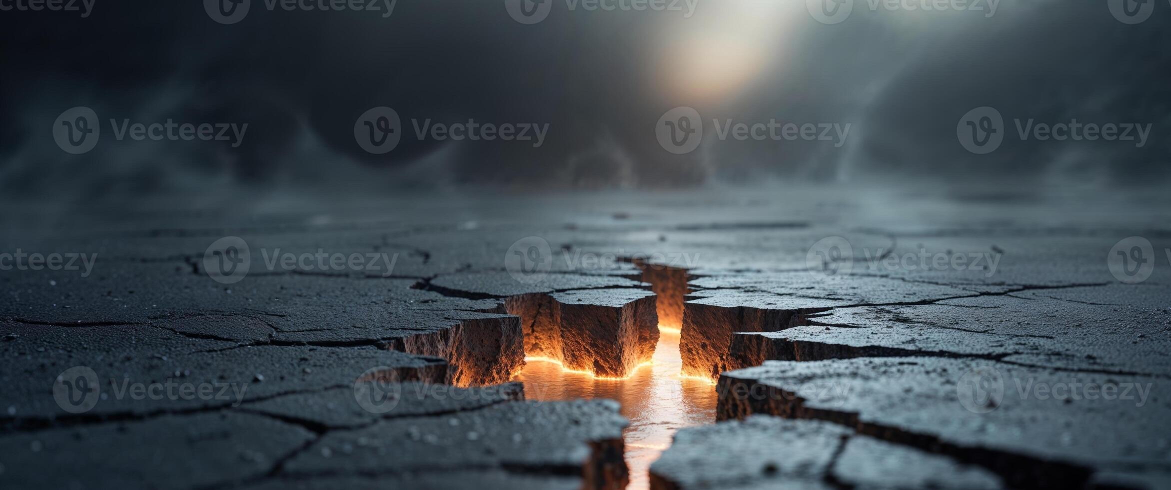 Cracked surface reveals glowing light underneath during twilight hours in an abstract setting photo