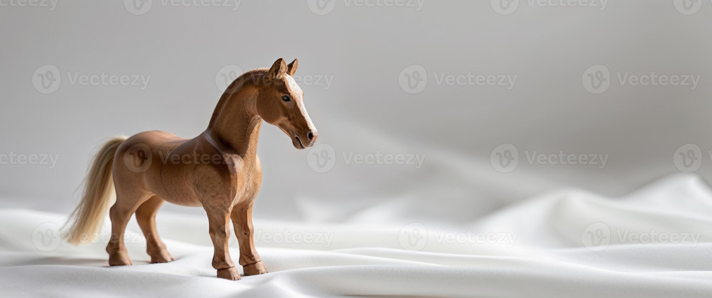 Small wooden toy horse with a natural finish resting on a white backdrop photo