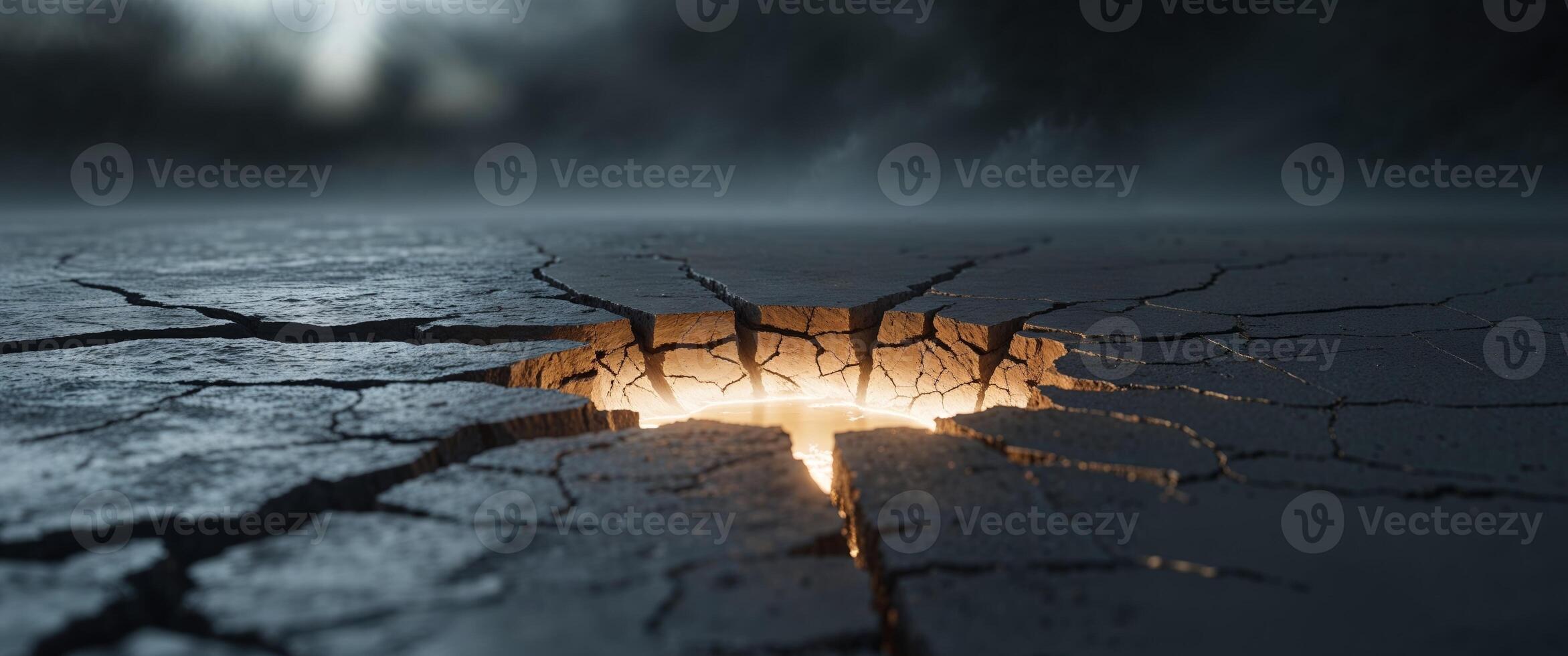 Cracked surface reveals glowing light underneath during twilight hours in an abstract setting. photo