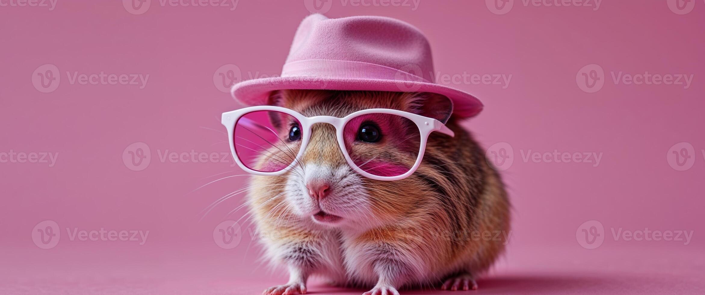 Close Up Of A Furry Rodent Wearing Pink Sunglasses And Hat On Pink Background photo