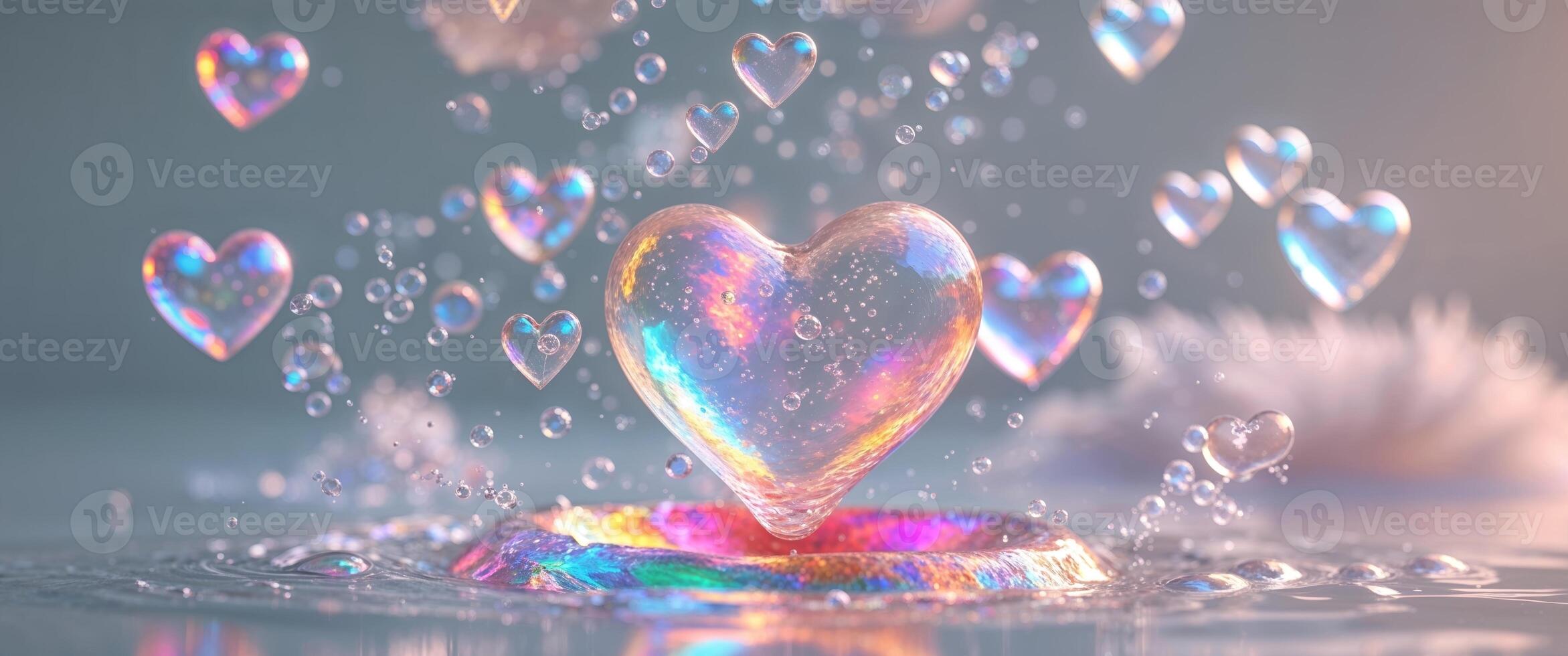 Colorful translucent hearts with bubbles and light reflections photo