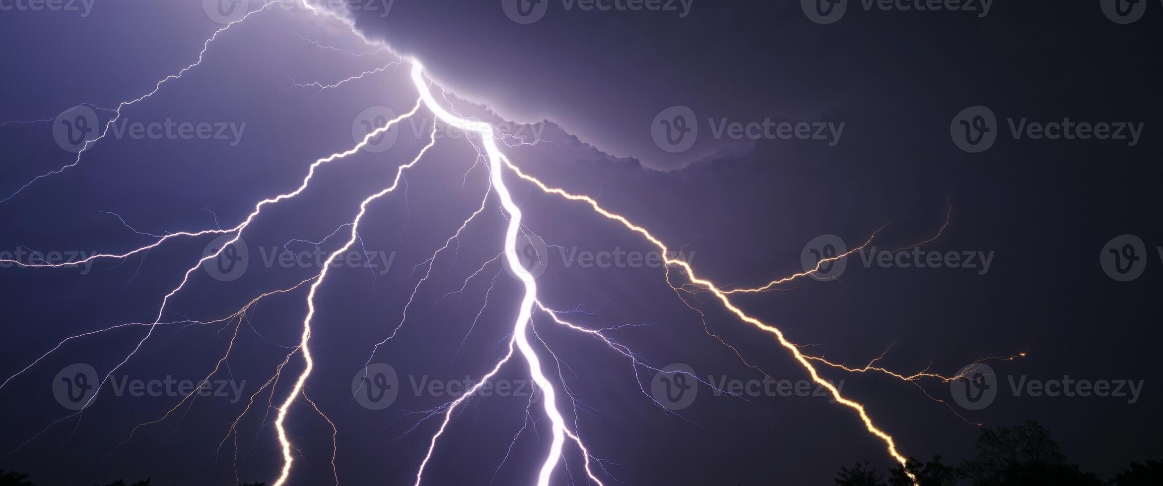 Lightning strikes over a dark sky with trees in the background photo