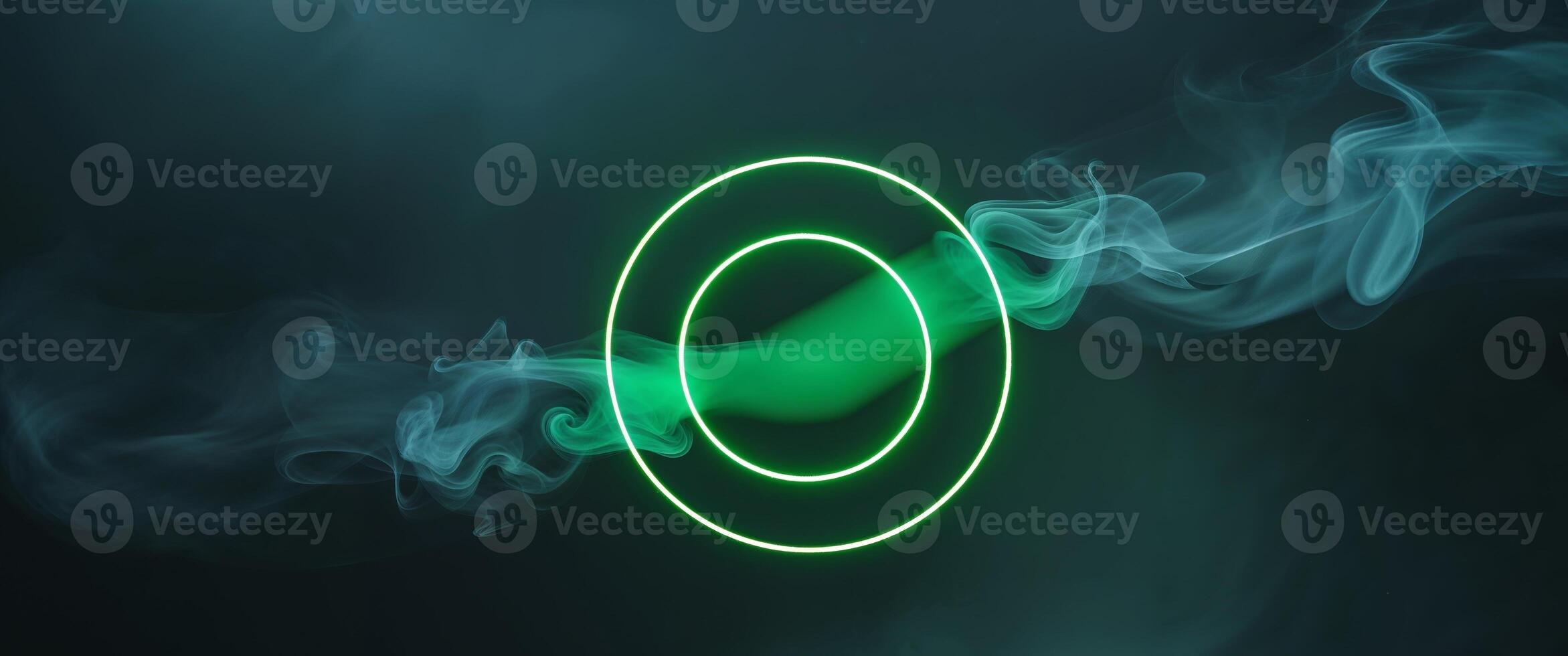 neon green abstract circle with smoke on dark background Bird Eye View. photo