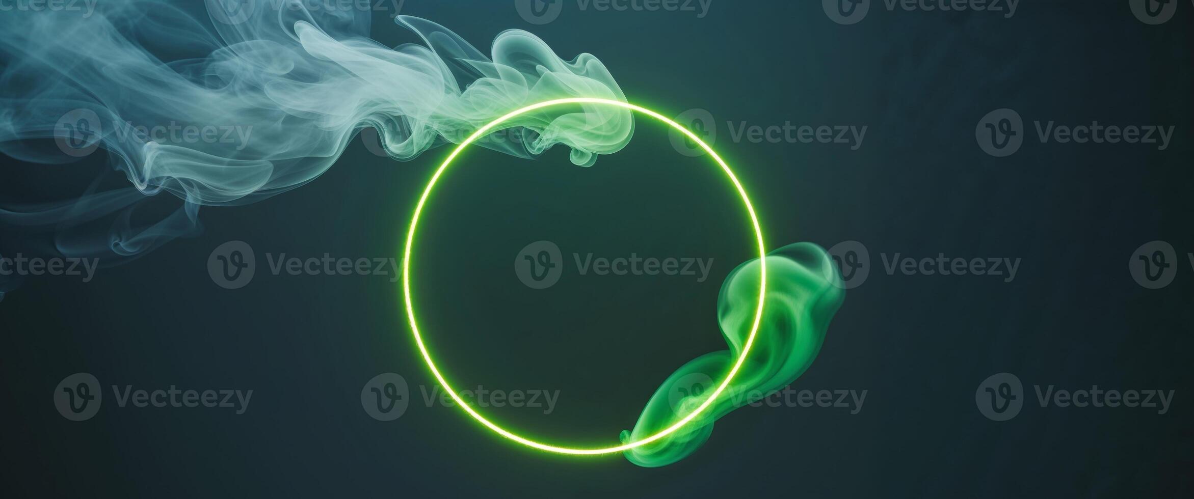 neon green abstract circle with smoke on dark background Bird Eye View photo