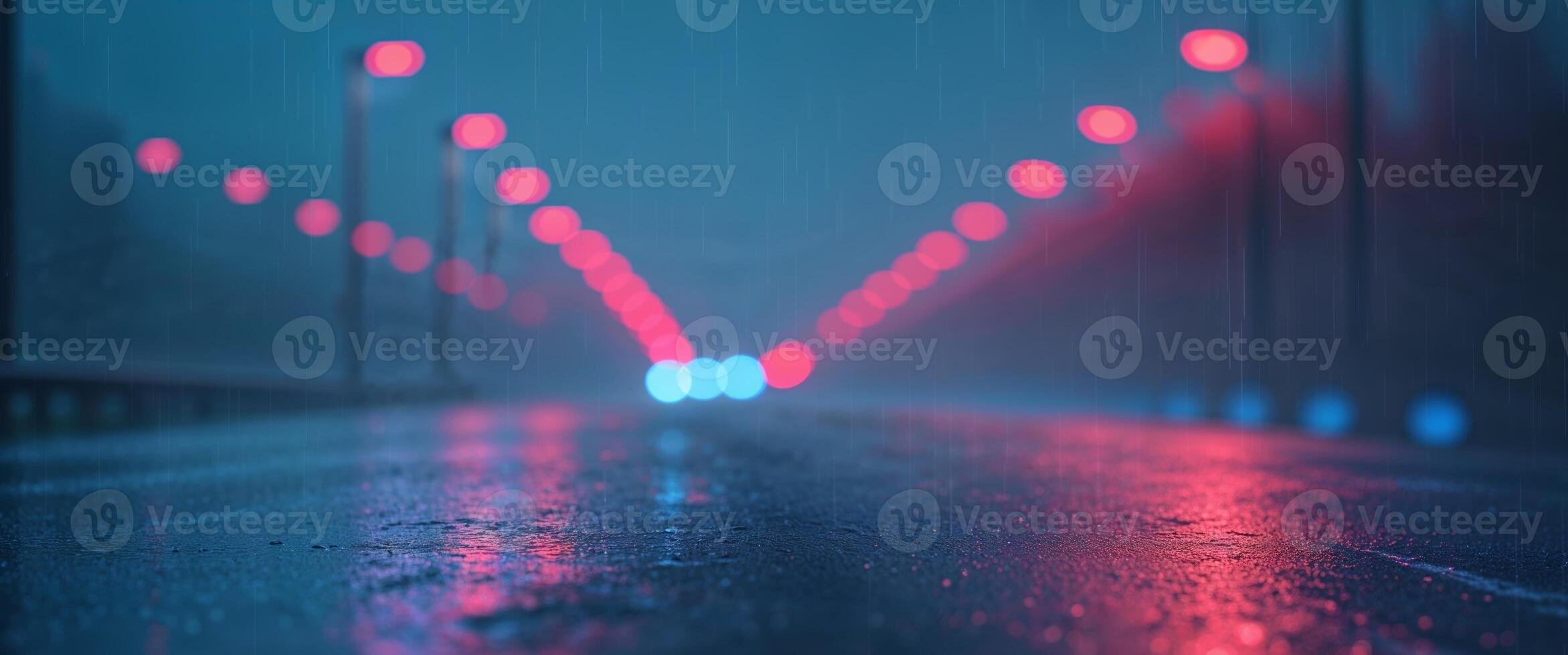 A blurry image of a wet road with a red and blue light in the background photo