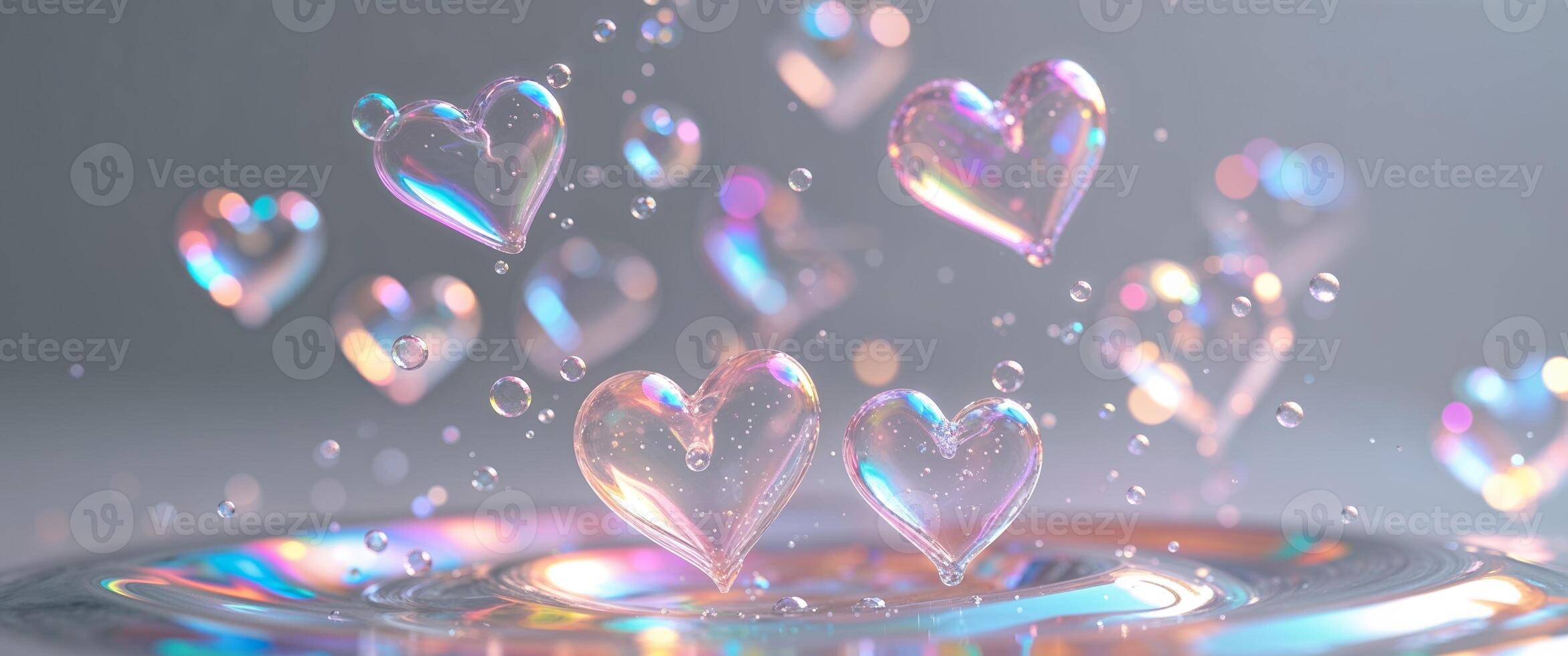 Colorful translucent hearts with bubbles and light reflections. photo