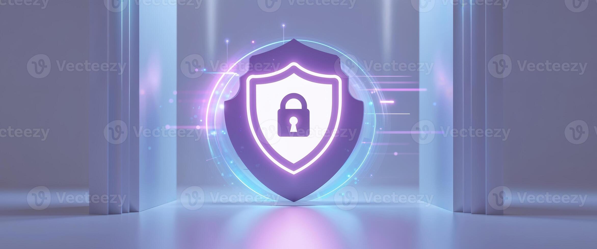 A purple shield with a lock on it is shown in front of an open door photo