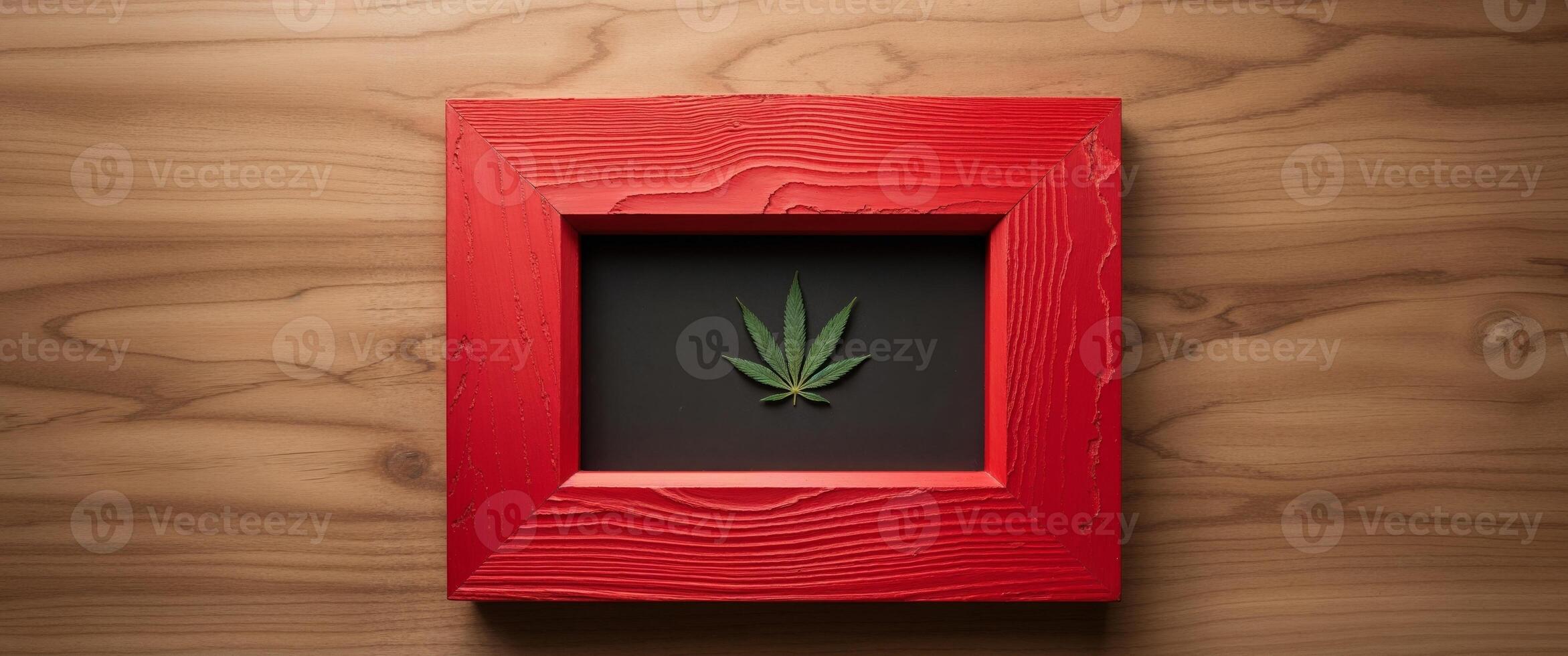 A marijuana leaf in a red frame on a wooden wall photo
