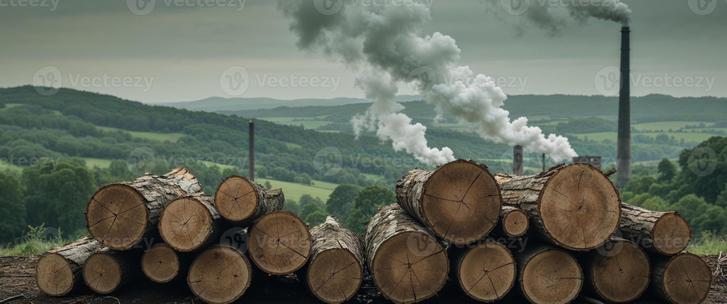 Logs stacked in front of a factory with smoke coming out of the chimney photo