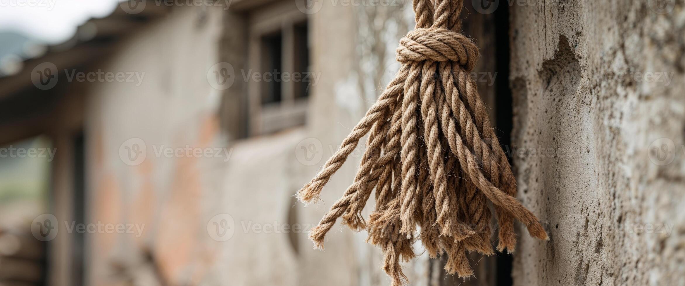 A rope hanging from a wall in front of a building photo