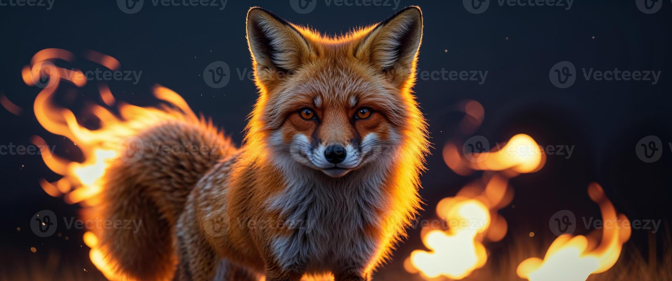A fox in the fire with flames around it photo