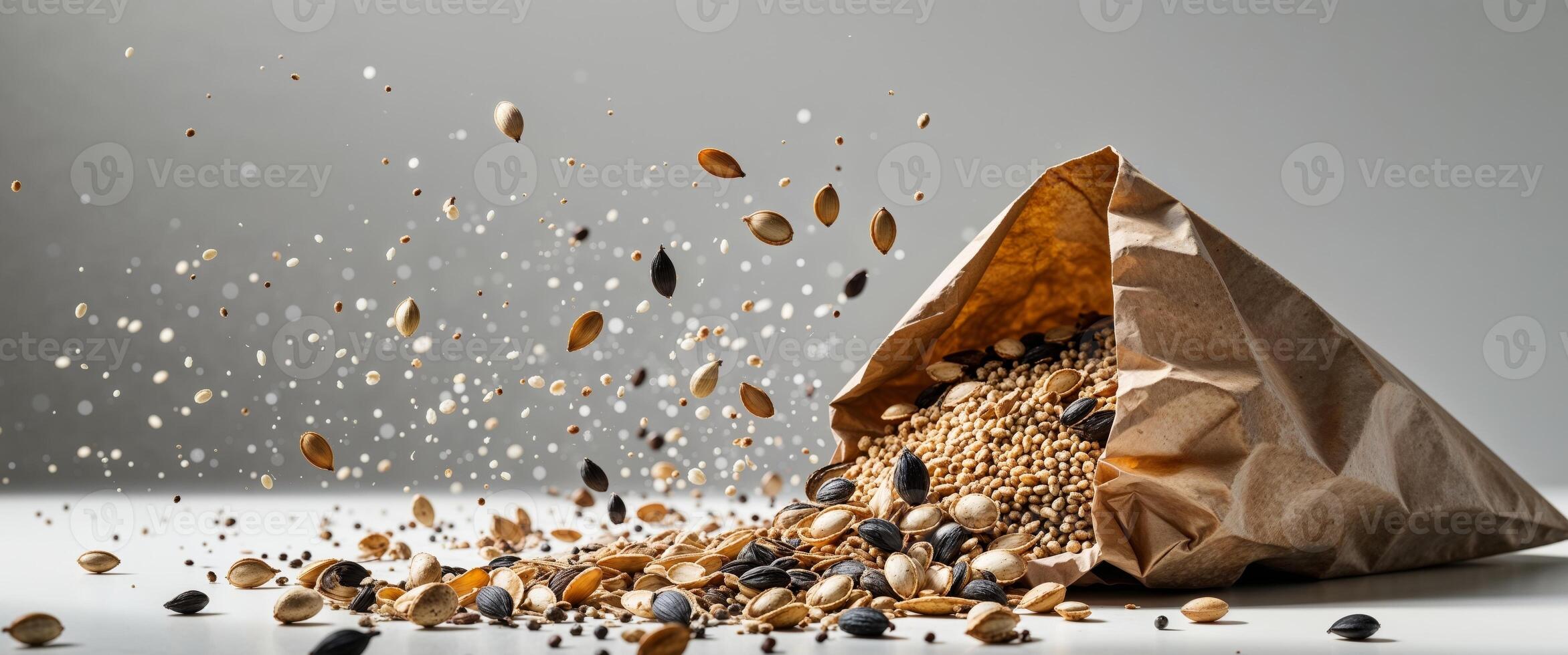 A paper bag filled with seeds and grains photo