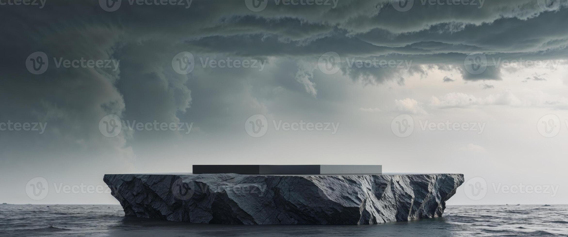 An iceberg floating in the ocean with storm clouds photo