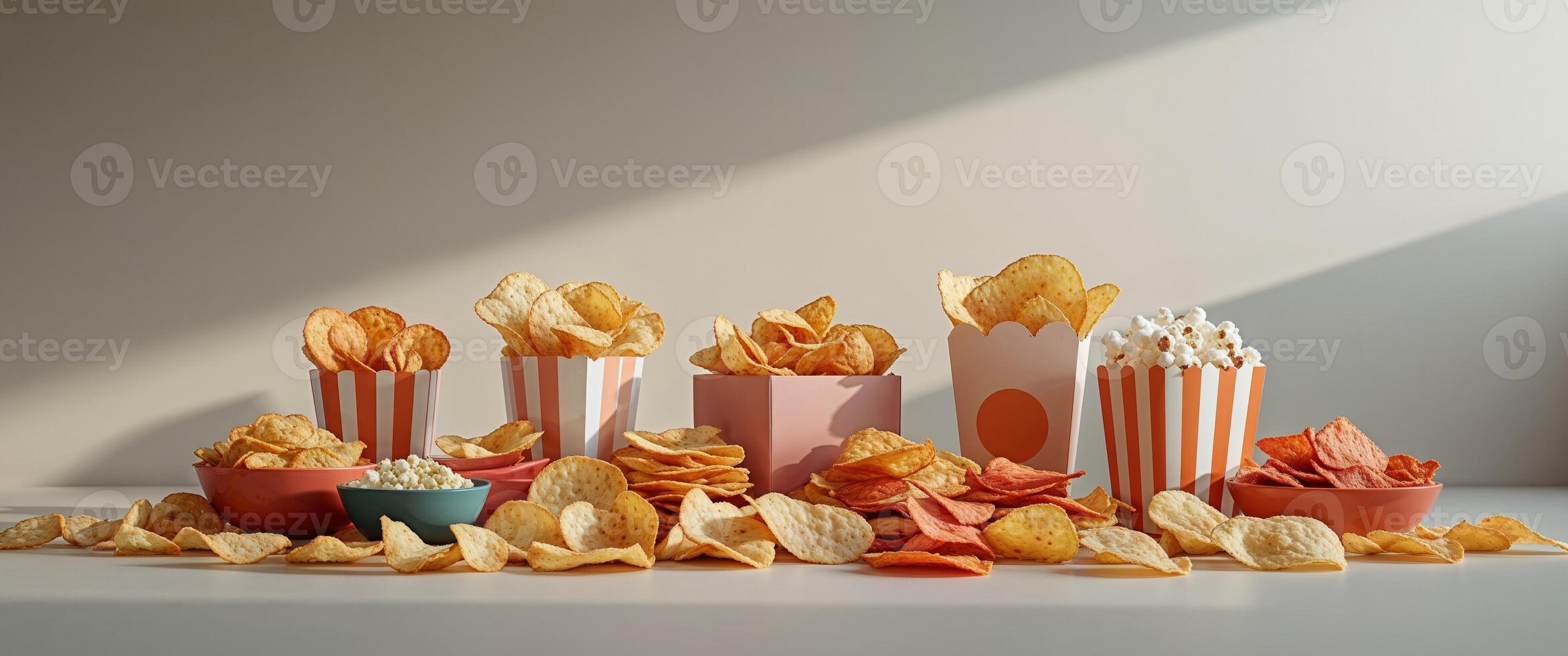 A variety of different types of chips and popcorn photo