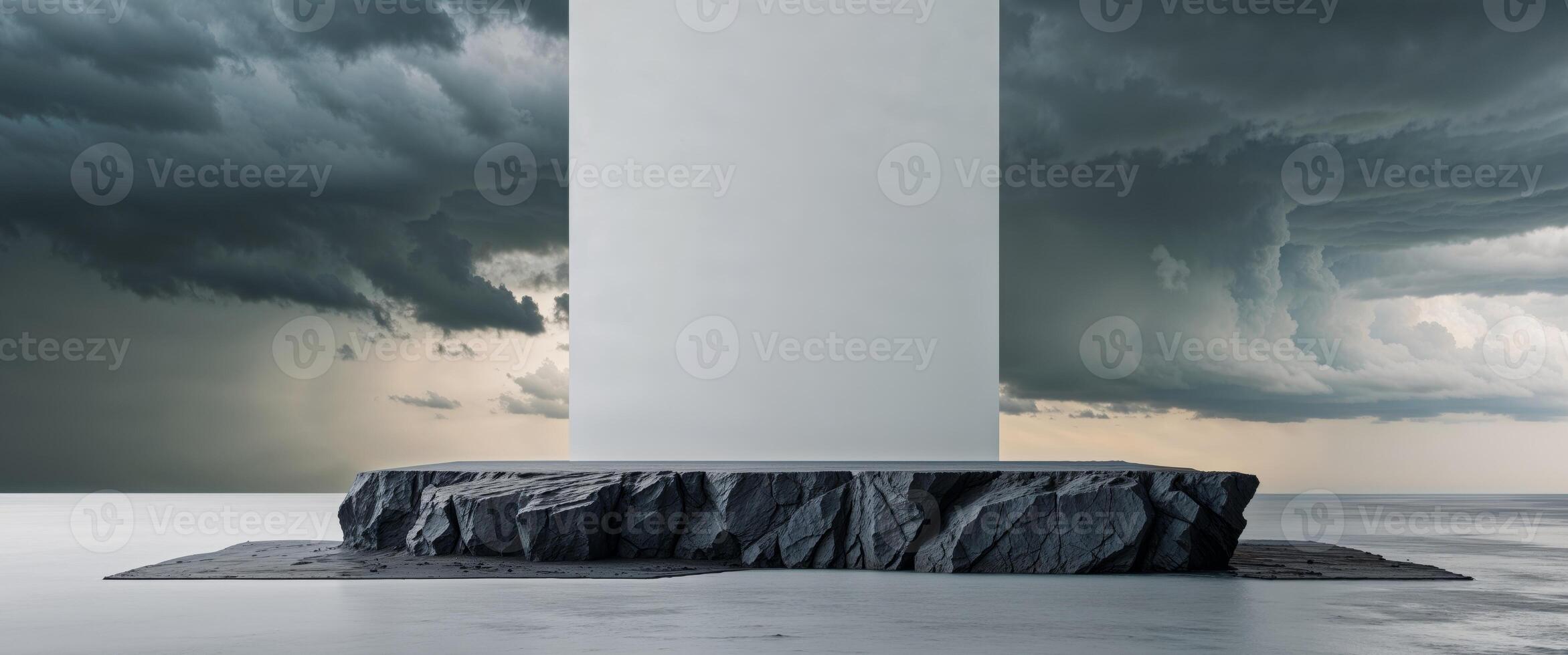 A large rock with a white pillar in front of it photo