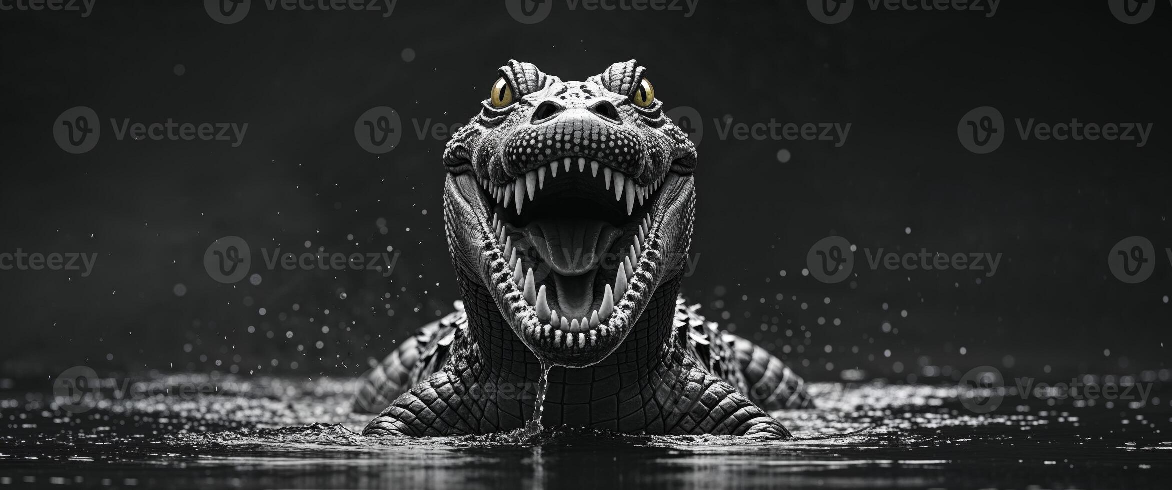 A black and white image of a dinosaur in the water photo
