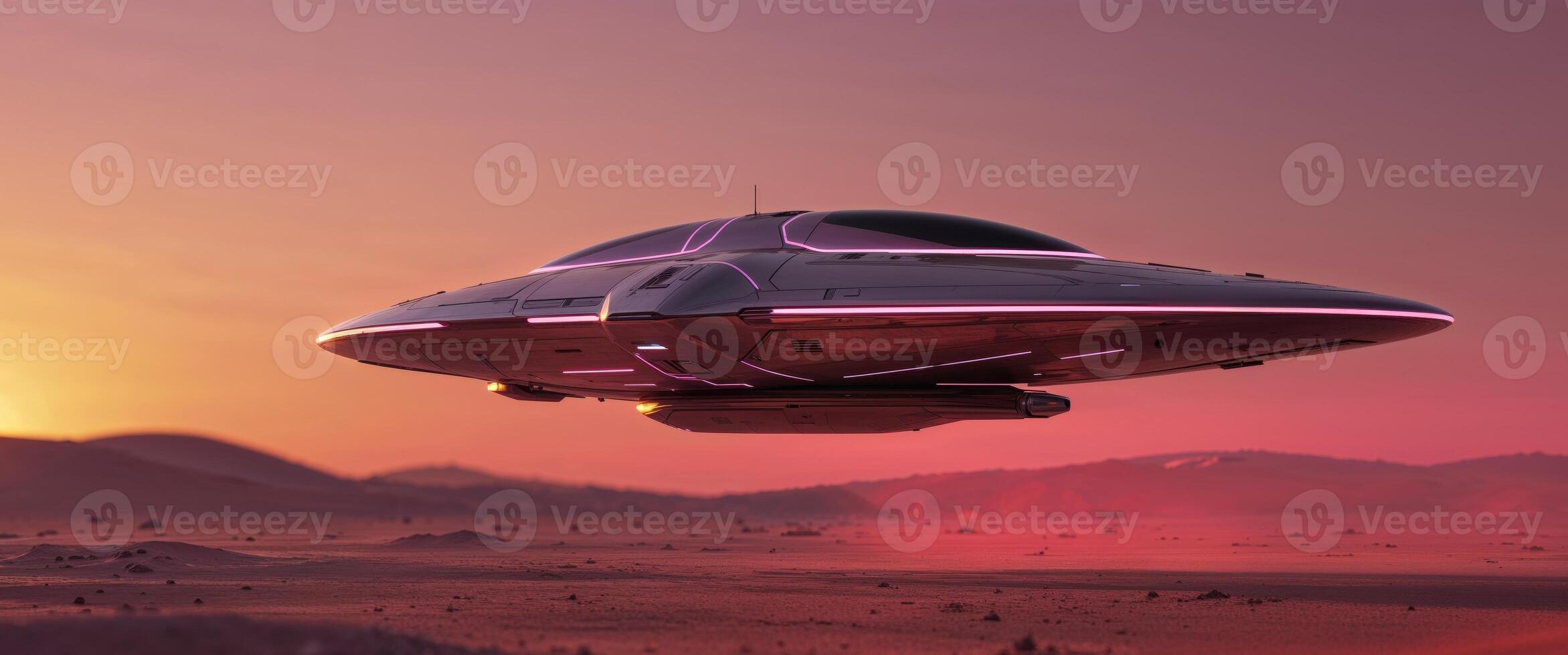 An alien spaceship flying over a desert photo