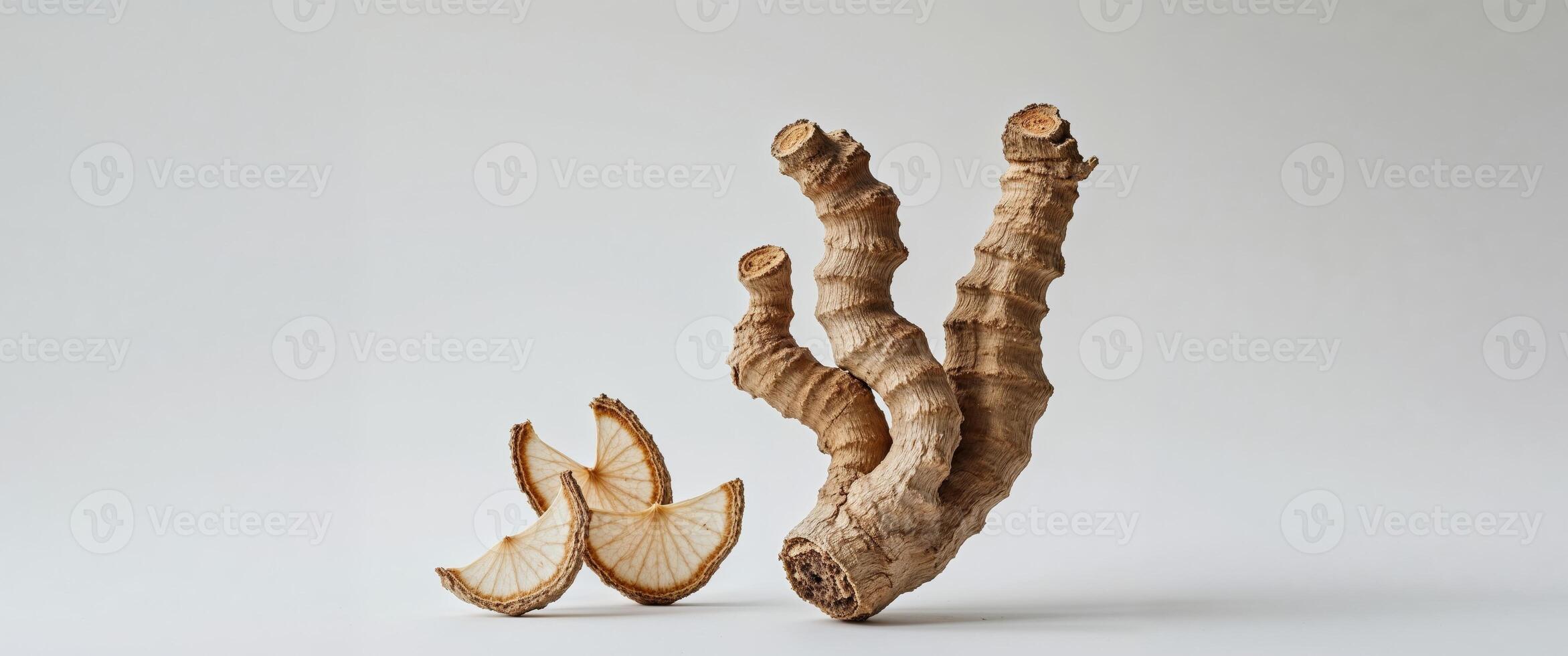 Dried Ginseng Root and Slices - Herbal Medicine and Natural Health Benefits. photo
