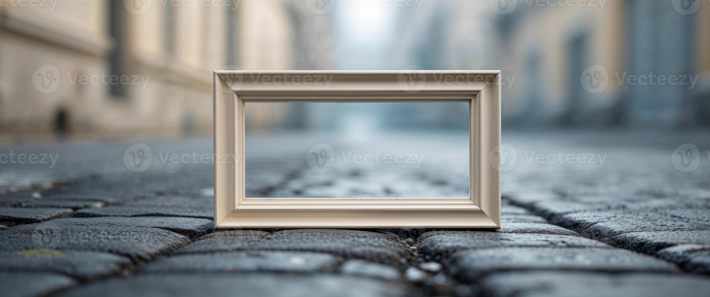 Empty white frame on a cobblestone street with soft urban background photo