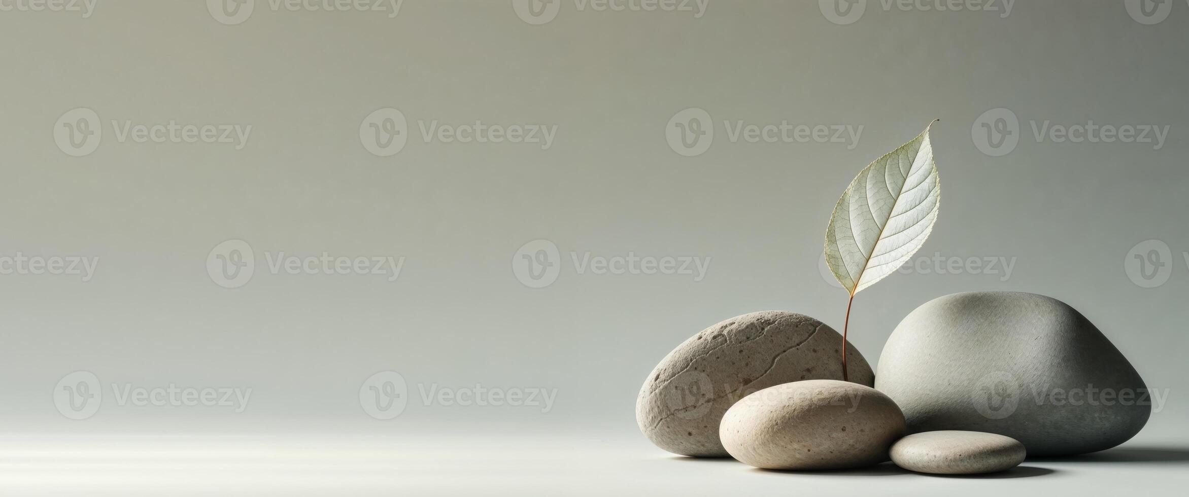 A grey background with a leaf and three rocks on it photo
