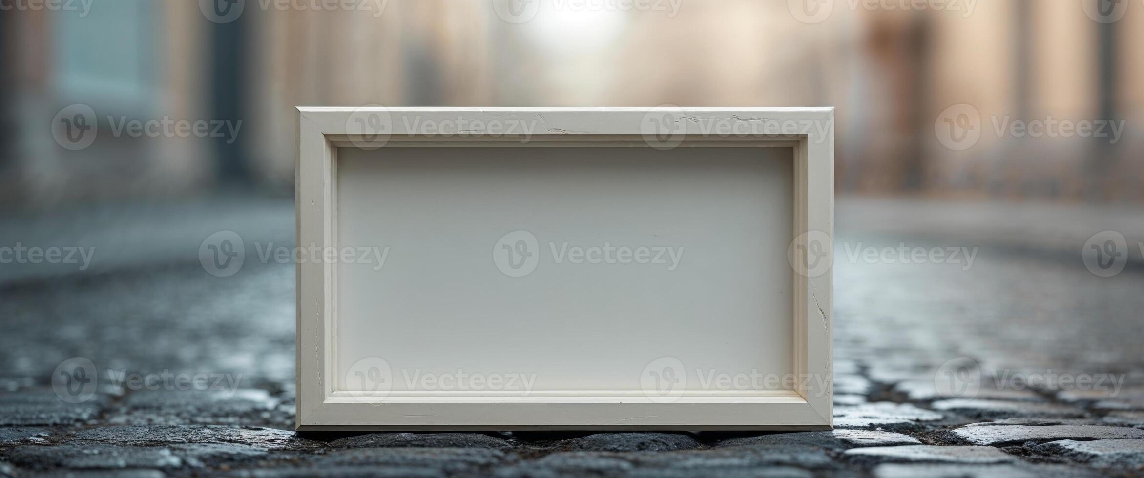 Empty white frame on a cobblestone street with soft urban background. photo