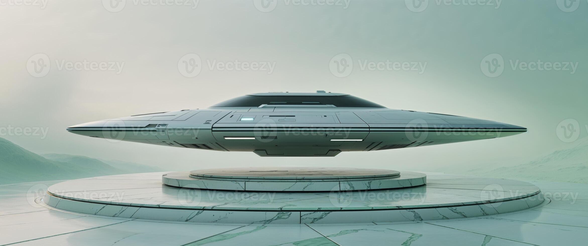 Futuristic spaceship hovering above a marble platform on an alien planet photo