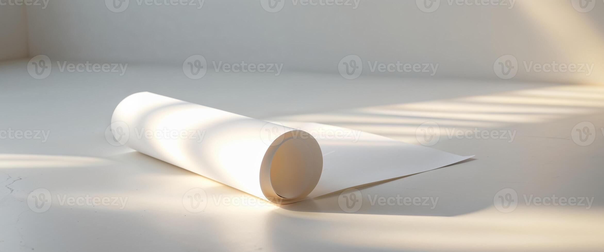 Rolled white paper sheet on a surface with sun shadows. photo