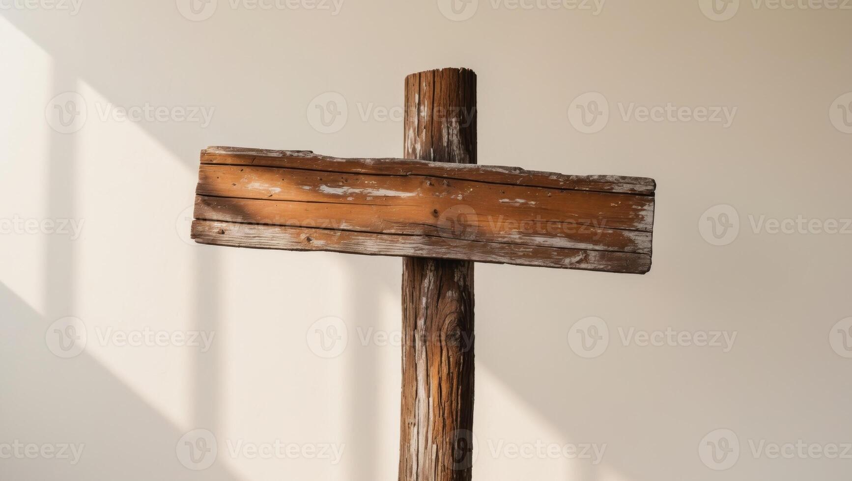 A wooden sign post with a wooden sign on it photo