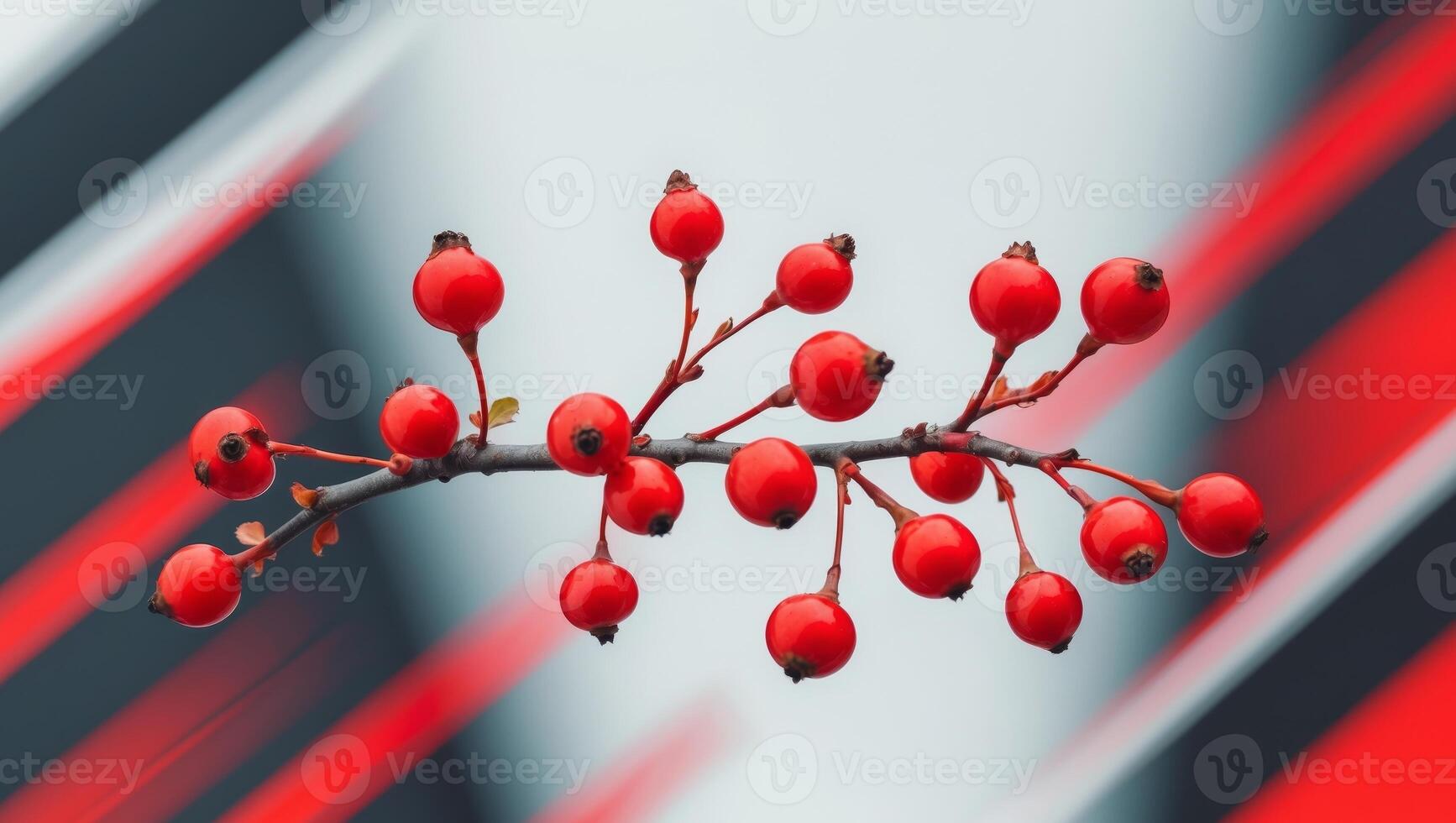 Red berries on a branch against a black and white striped background photo