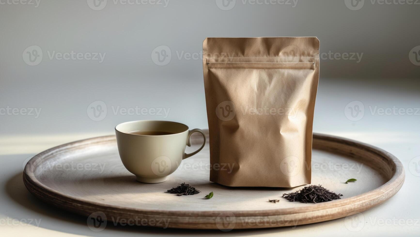 Coffee and bag of loose tea on a wooden tray photo