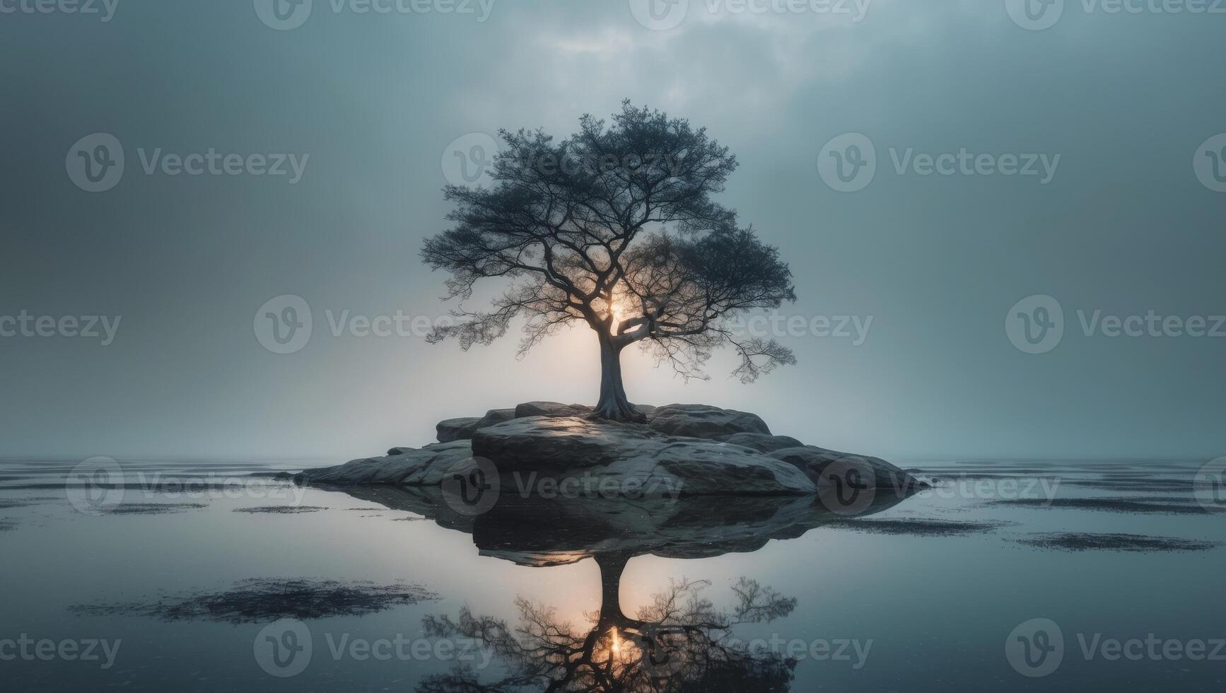 A lone tree on a rock in the middle of a lake photo