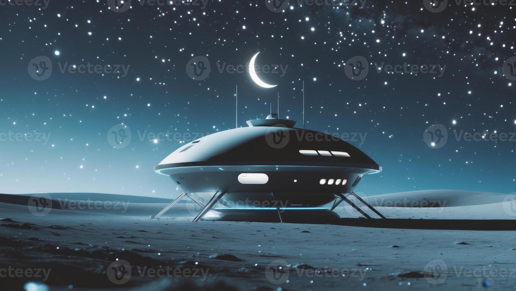 An alien spaceship is on the moon with stars photo