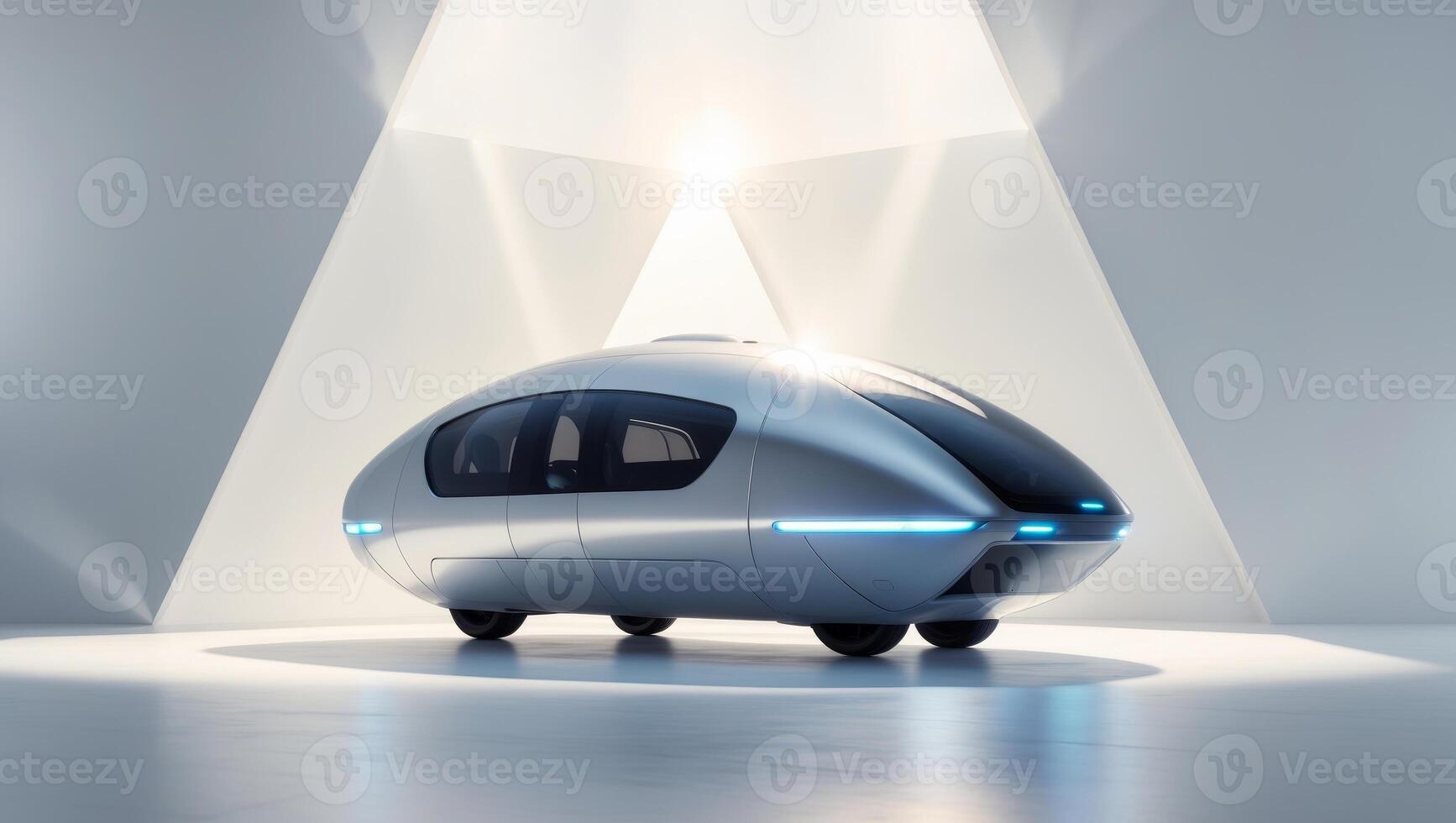 A futuristic vehicle is shown in a white room photo