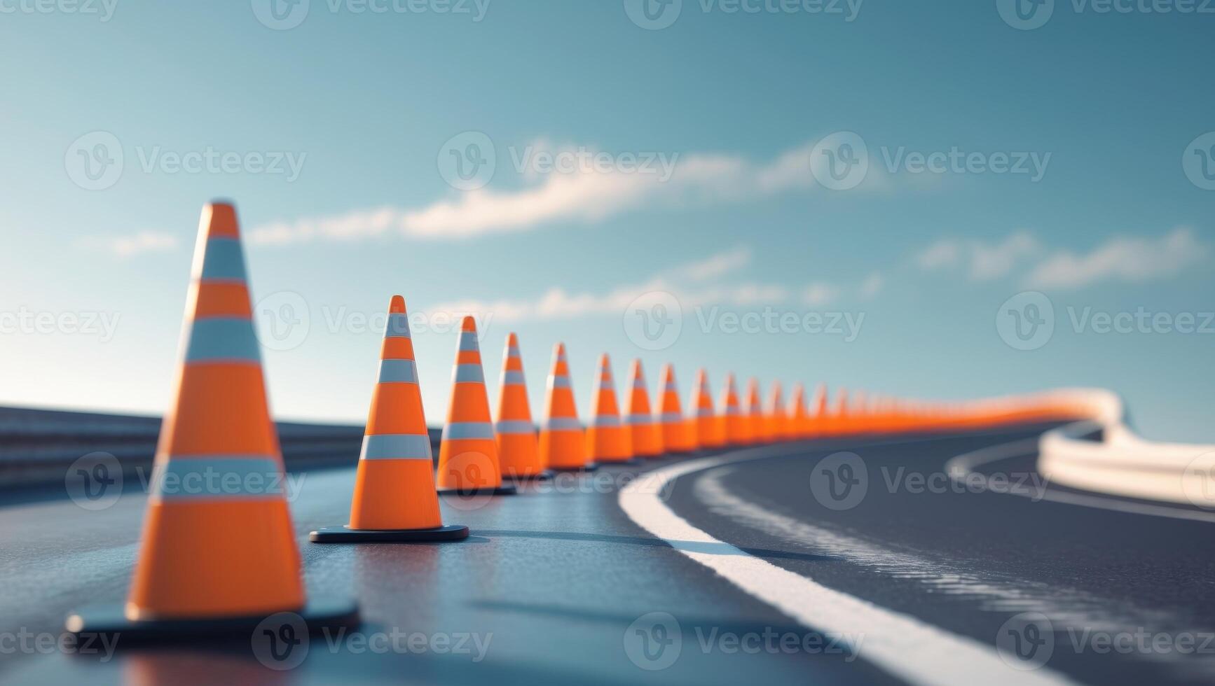 A long line of orange traffic cones on a road photo