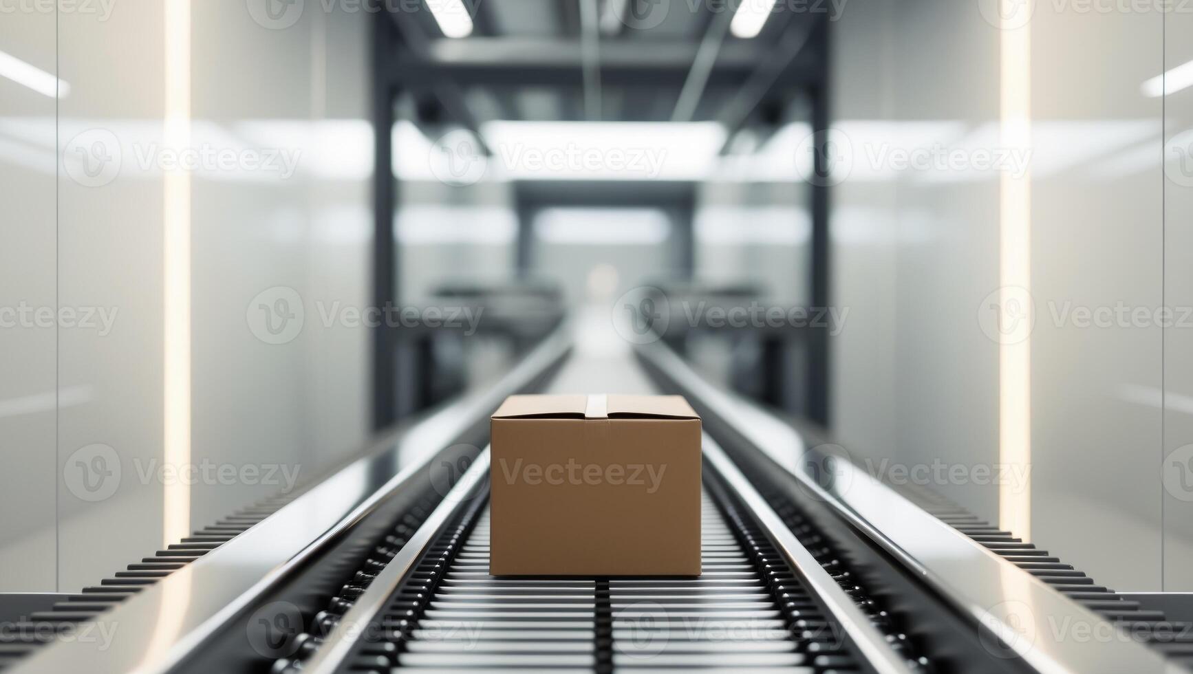 Cardboard Box on Conveyor Belt in Modern Distribution Center photo