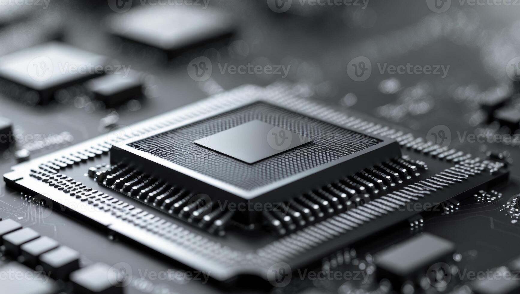 Close up of a microchip on a circuit board. photo