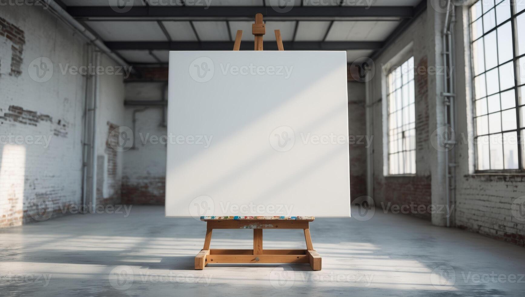 Blank Canvas on Easel in Industrial Loft Setting. photo