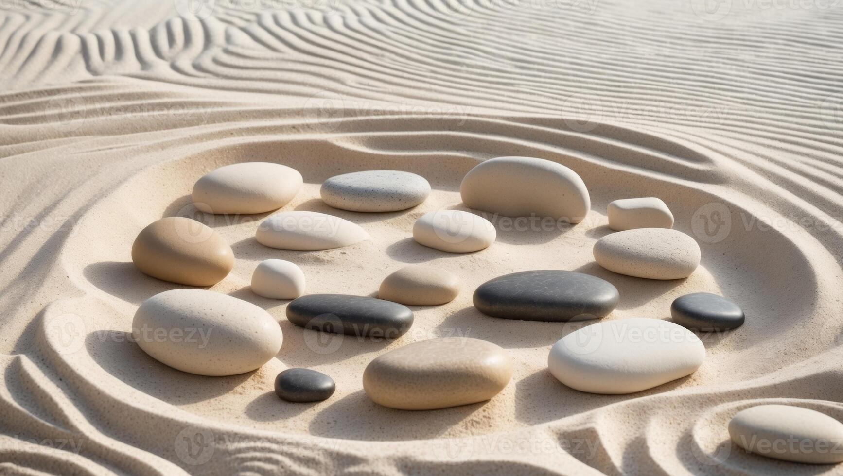 Balanced stones create harmony in a serene sand garden showcasing tranquility and mindfulness photo