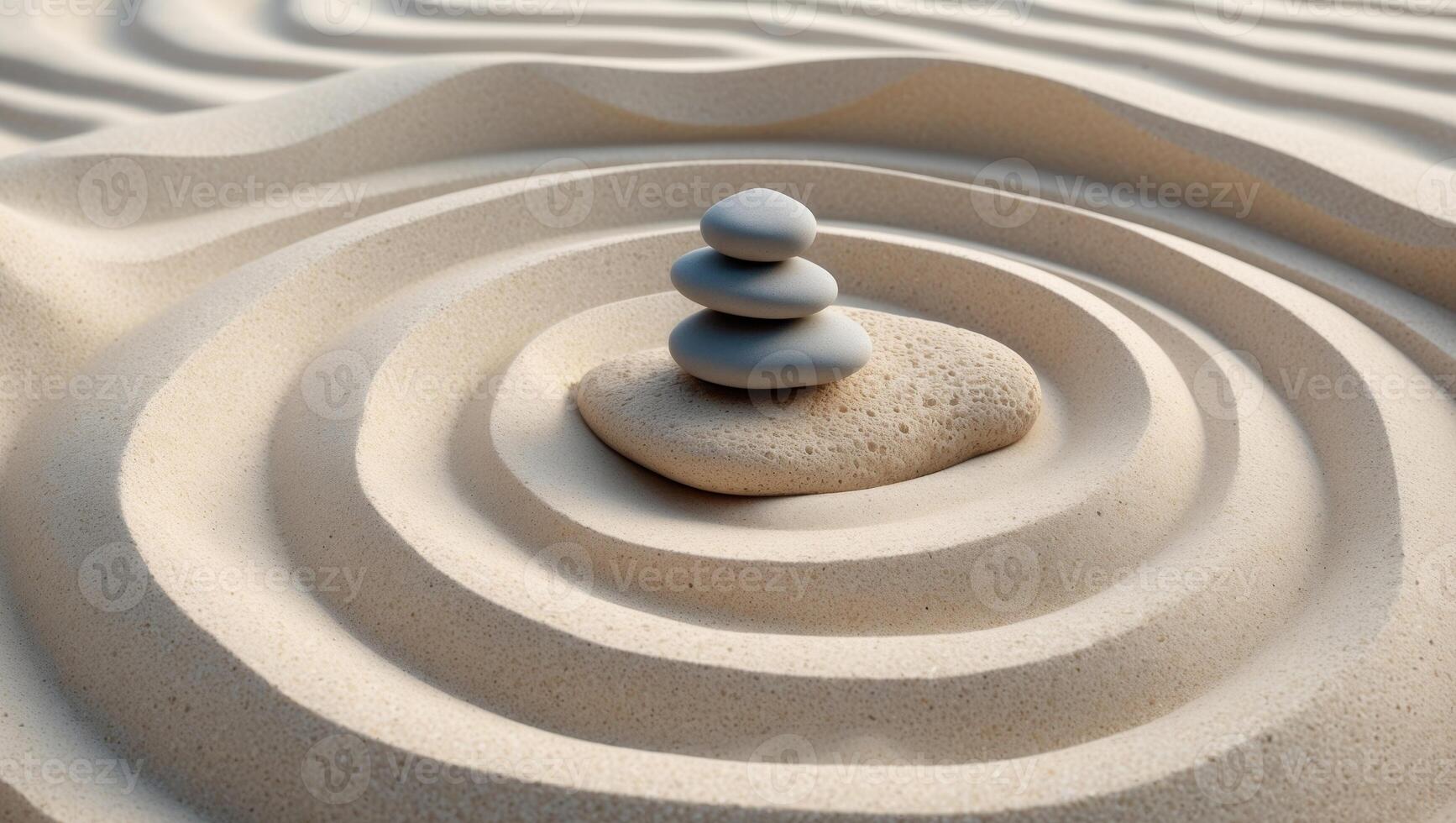 Balanced stones create harmony in a serene sand garden showcasing tranquility and mindfulness. photo