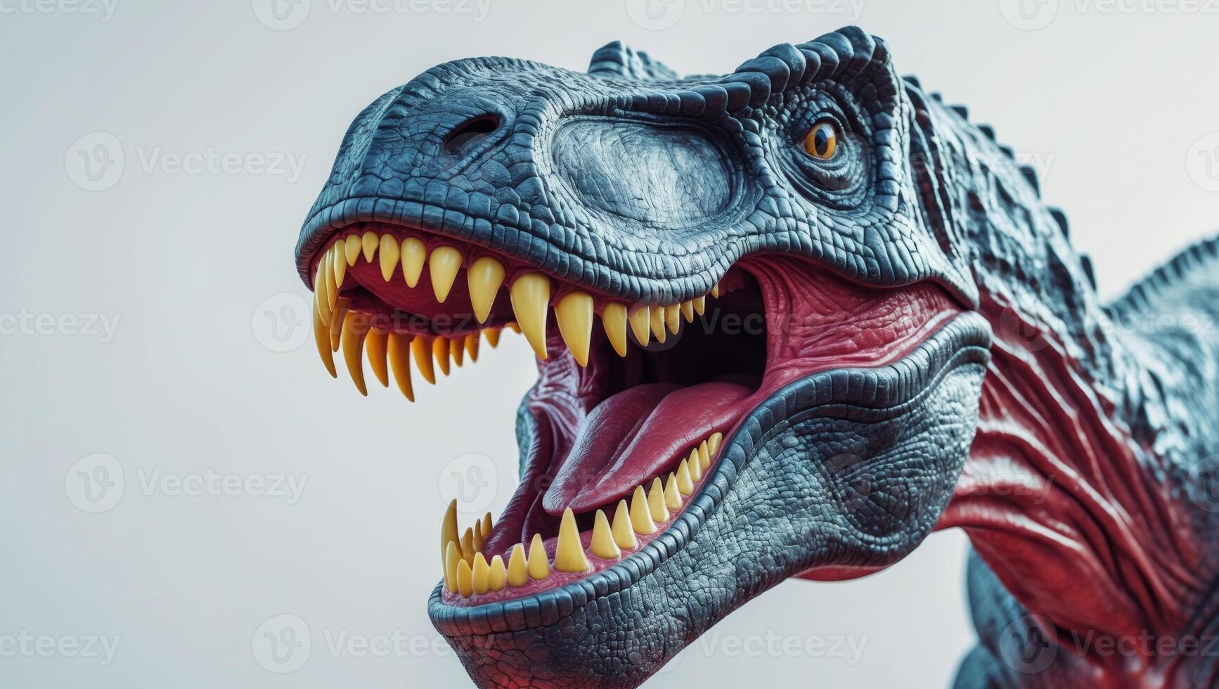 A tight shot of a dinosaur's gaping maw exposing its jagged teeth photo